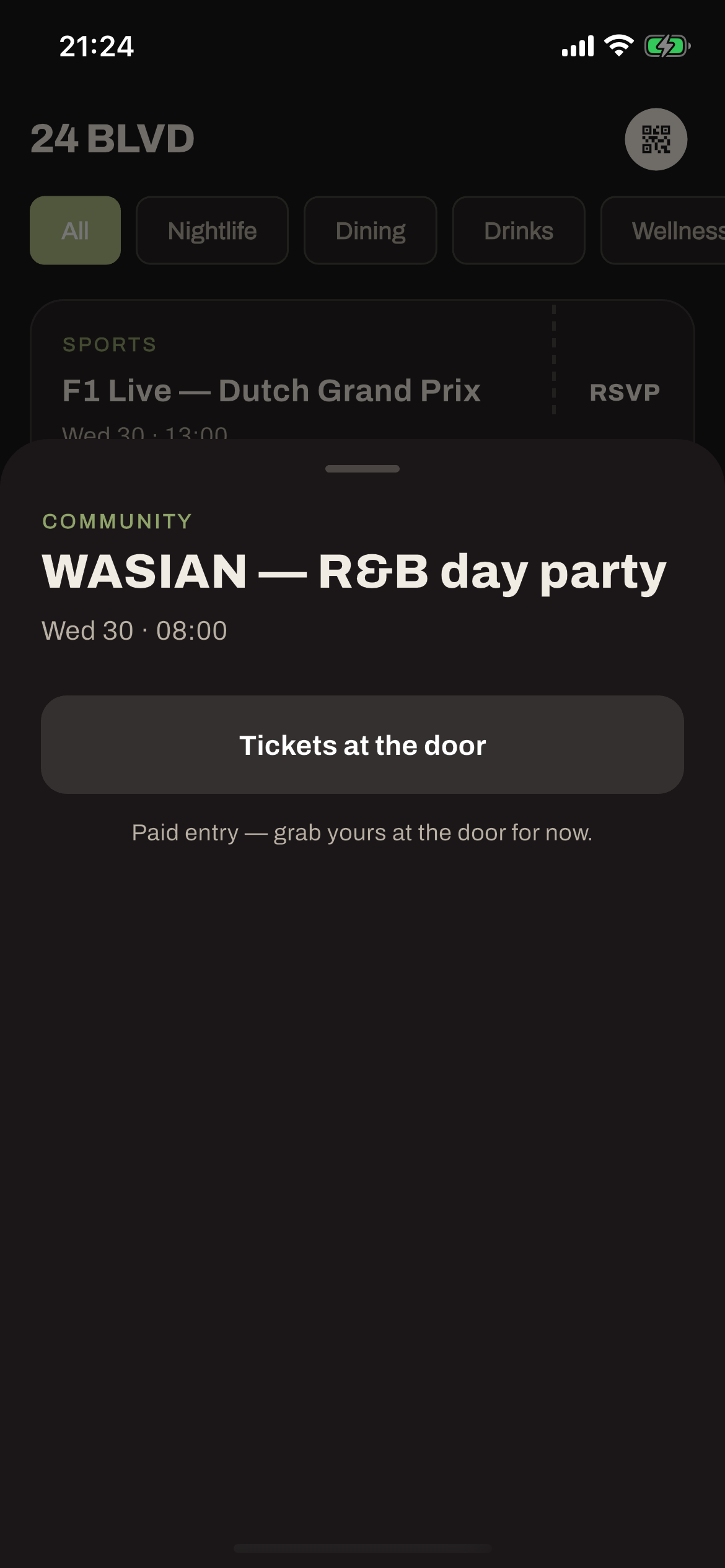 Activa member app running on the iOS simulator showing 24 BLVD events